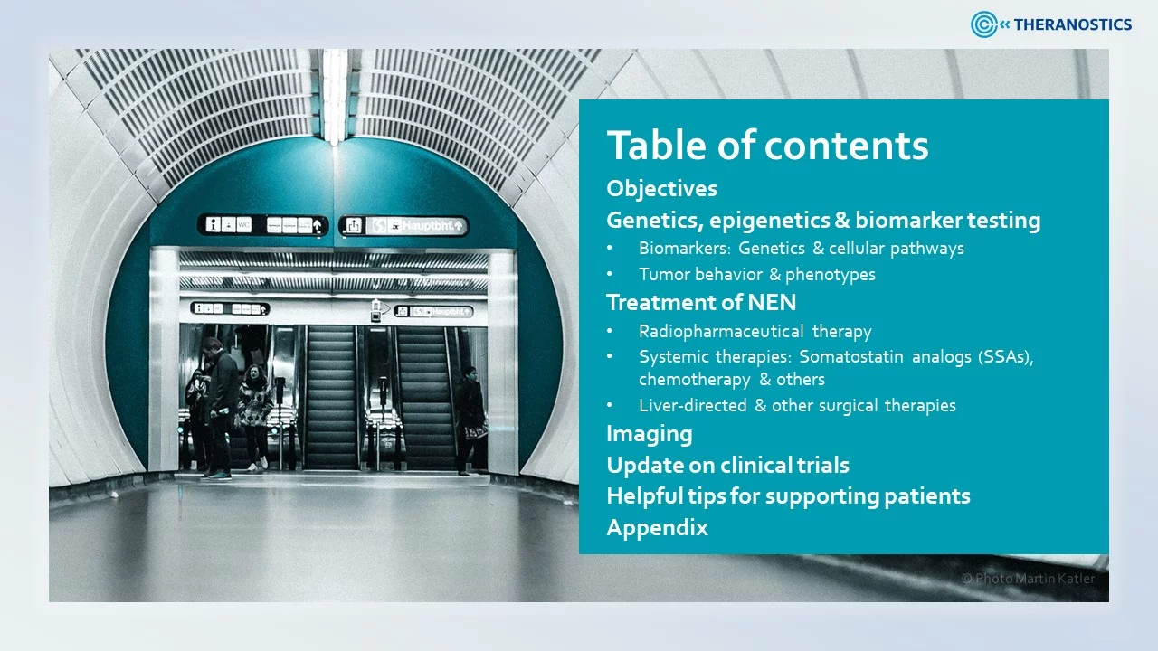 Table of contents slide from Theranostics presentation with topics on genetics, NET treatment, imaging, clinical trials, and patient tips.